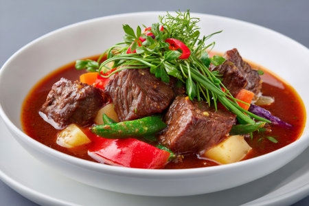 Hearty beef stew with potatoes, carrots, peppers, and herbs garnishing a white bowl, perfect for a comforting mealの素材