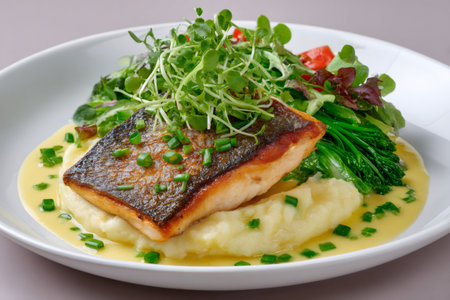 Delicious grilled fish fillet served on mashed potatoes with vegetables, microgreens, chives and sauce, perfect for a healthy and tasty mealの素材