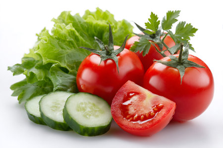 Ripe tomatoes, cucumber slices and lettuce leaves are creating a colorful composition on a white backgroundの素材