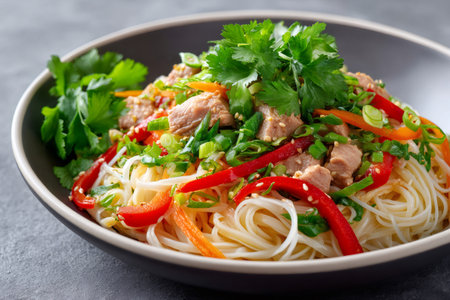 Delicious asian dish of rice noodles with tuna and vegetables like carrots, peppers and spring onions, garnished with parsley and sesame seedsの素材