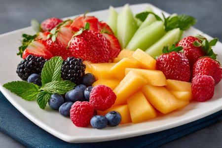 Sliced strawberries, raspberries, blueberries, blackberries, cantaloupe and honeydew melon decorated with mint leaves on a white plate, creating a delicious and refreshing fruit platterの素材