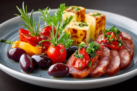 Delicious sliced sausage served with grilled polenta, roasted vegetables and olives, creating a colorful and flavorful dishの素材