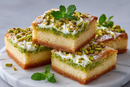 Pistachio cake bars topped with cream cheese frosting, chopped pistachios, and mint leaves sitting on a marble surfaceの素材
