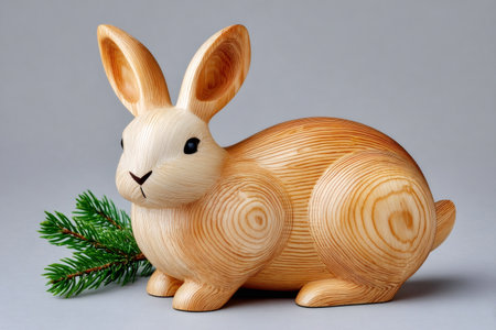Wooden easter bunny sculpture sitting near pine twig on gray background representing easter celebrationの素材