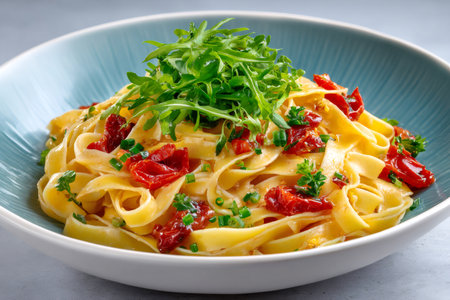 Delicious tagliatelle pasta with sun-dried tomatoes, arugula, chives, and herbs served on a minimalist plateの素材