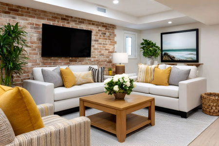 Cozy and inviting living room with exposed brick wall, comfortable sofas, and stylish decor, creating a warm and welcoming atmosphereの素材