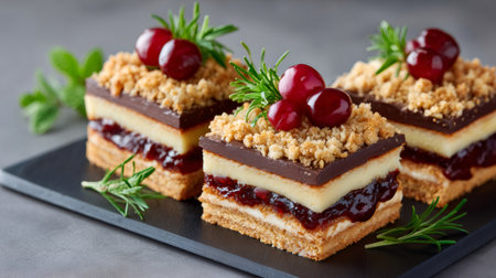 Elegant dessert featuring layers of fruit, cream, and crumbleの素材