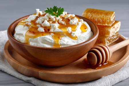 Delicious Greek yogurt with honey and nuts on a wooden trayの素材