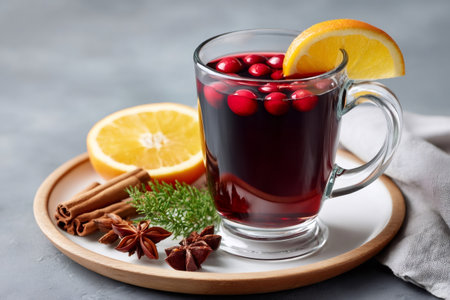 Christmas hot mulled red wine with spices and fruits on a gray backgroundの素材
