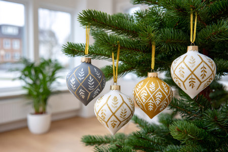 Elegant Christmas ornaments with golden details hanging on the Christmas tree, creating a cozy atmosphere in a modern homeの素材