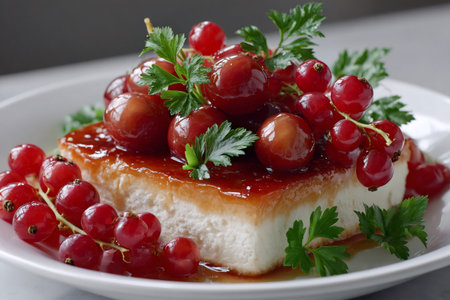 Slice of cheesecake topped with a grape and red currant sauce and garnished with fresh parsley leavesの素材