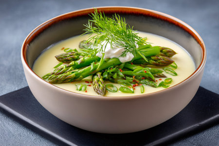 Asparagus cream soup seasoned with spring onions, chili flakes and fresh dill, topped with sour creamの素材