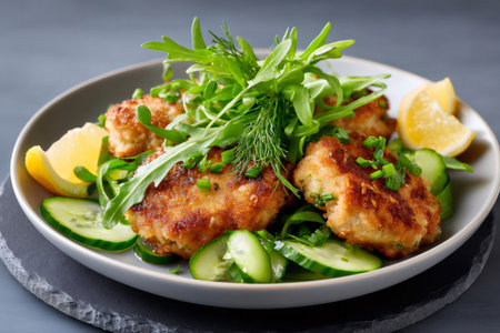 Breaded chicken or fish patties are served on a plate with fresh cucumber salad, lemon wedges and arugula, seasoned with chives and dillの素材