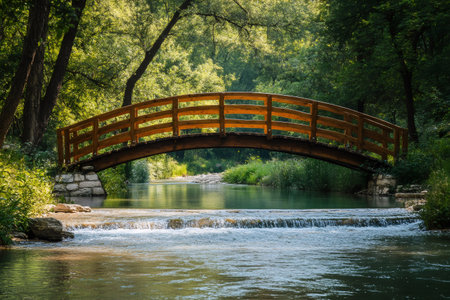 Scenic view of a wooden bridge over a tranquil river with a small waterfall, surrounded by lush green vegetationの素材