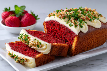 Sliced red velvet cake loaf with cream cheese frosting, pecan nuts, parsley and strawberries on a white marble backgroundの素材