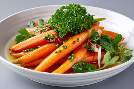 Honey glazed carrots garnished with parsley and chives are served on a white ceramic plate as a delicious and healthy side dishの素材