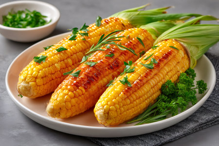 Delicious grilled corn cobs with herbs lying on a plate, creating a tempting culinary sceneの素材