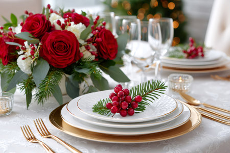 Elegant Christmas table setting with red and white floral centerpiece, candles and golden cutleryの素材