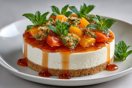 Mini cheesecake with peach topping, mint leaves and caramel sauce is waiting on the white plateの素材