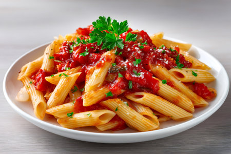Penne rigate pasta is topped with a delicious tomato sauce, vegetables and parsley on a white plateの素材