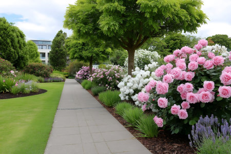 Lush rose bushes blooming along a paved walkway in a picturesque garden settingの素材