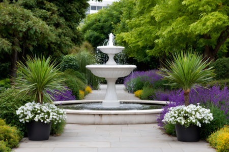 Elegant white fountain sprinkling water, surrounded by lavender and cordyline australis plants in a formal gardenの素材