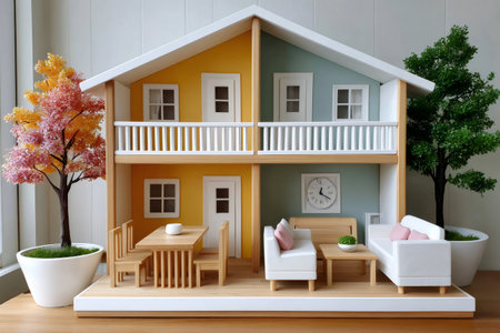 Modern wooden dollhouse with furniture and trees presents comfortable livingの素材