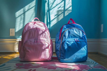 Pink and blue backpacks basking in sunlight on a patterned rugの素材