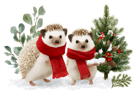 Two cute hedgehogs wearing red Christmas scarves next to a snowy pine tree with red berriesの素材