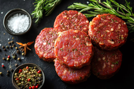 Fresh raw burger patties seasoned with spices and rosemary on black backgroundの素材