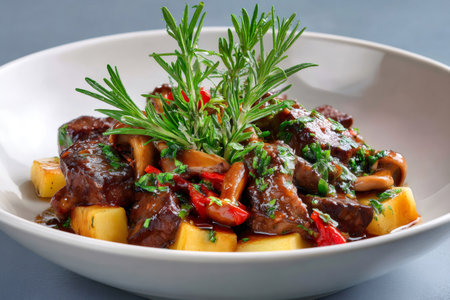 Exquisite beef stew with rosemary, mushrooms and potatoes served on a white plate, perfect for a hearty and flavorful mealの素材