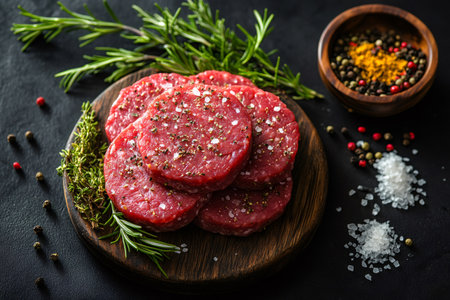Fresh ground beef patties seasoned with salt, pepper and aromatic herbs, ready for grillingの素材