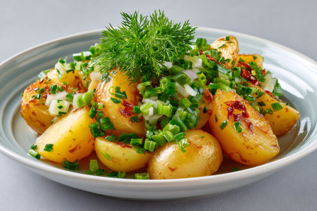 Baby potatoes garnished with fresh dill, chives and dried tomatoes served on a plateの素材