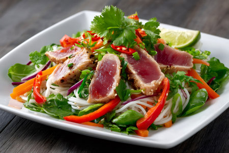 Sesame crusted seared tuna with rice noodles and vegetables, garnished with coriander and lime wedgeの素材