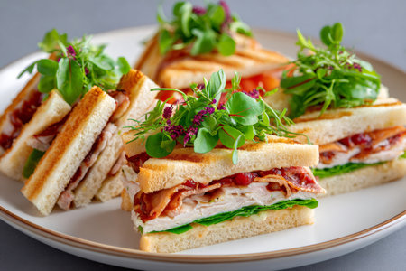 Delicious club sandwiches with turkey, bacon, lettuce, tomato, and microgreens, served on a white plate, perfect for a cafe or restaurant menuの素材