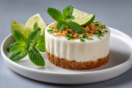 Mini lime cheesecake garnished with fresh mint and biscuit crumbs, resting on a white plate, ready to be enjoyedの素材