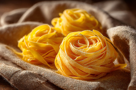 Tagliatelle pasta nests resting on a burlap sack create a rustic, inviting sceneの素材