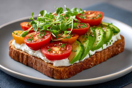 Whole-wheat toast featuring creamy ricotta, fresh avocado slices, and vibrant tomatoes, garnished with microgreensの素材