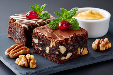 Two homemade chocolate brownies decorated with mint and pomegranate seeds, resting on a slate plate with nuts and custardの素材