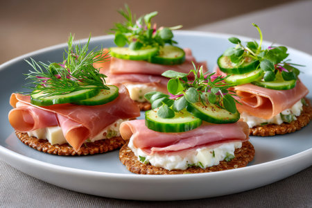 Chef preparing delicious canapes with cream cheese, parma ham and cucumber slices on crackers for partyの素材