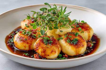 Fried potato dumplings garnished with herbs and covered in gravy, served on a white plate, perfect for a hearty mealの素材
