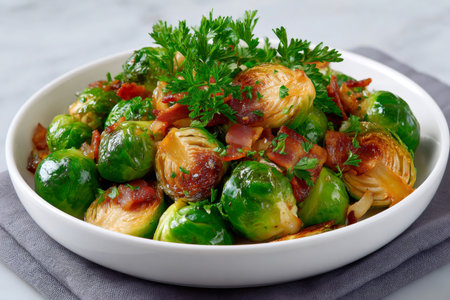 Delicious roasted brussels sprouts with crispy bacon and fresh parsley served in a white bowl, perfect side dish for any mealの素材