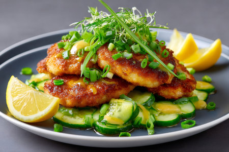 Three golden brown fish cakes are served on a bed of sliced cucumbers, garnished with fresh herbs, lemon wedges and a drizzle of sauceの素材