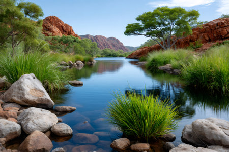 Calm water reflecting blue sky and surrounding nature in peaceful Australian outback landscapeの素材