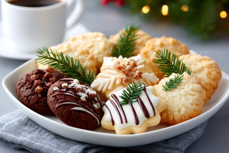 Christmas cookies decorated with fir branches lying on a white plate near a cup of coffeeの素材