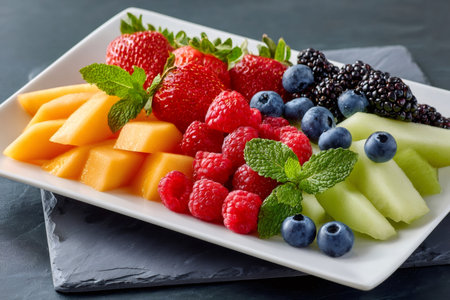 Fresh fruit platter with strawberries, raspberries, blueberries, blackberries, cantaloupe and honeydew melon slices decorated with mint leavesの素材