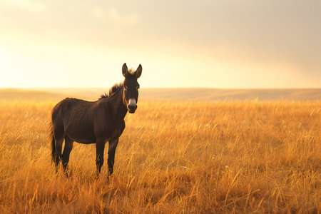 Dark donkey standing in golden field at sunsetの素材