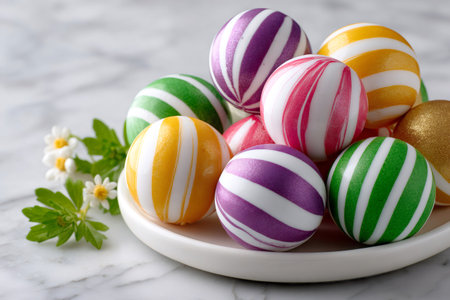 Spherical candies with colored stripes on a white plate with decorative flowers resting on a marble surfaceの素材