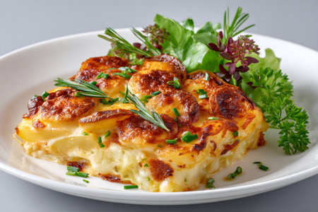 Delicious potato gratin with cheese and rosemary served on a white plate with a small saladの素材