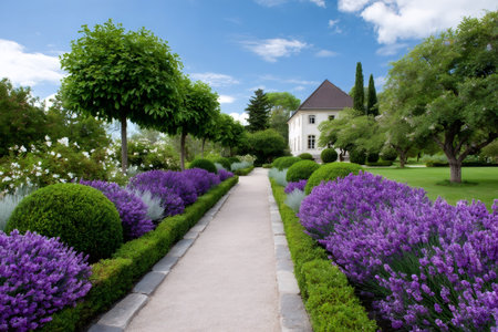 Beautiful garden with gravel path leading to white house, bordered by blooming lavender and boxwood shrubs, creating a picturesque sceneの素材